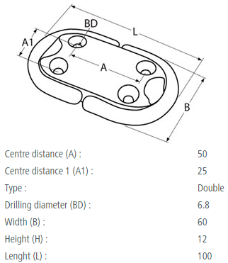 RVS padoog met dubbel klapbaar oog - dubbele D-ring - RVS A4-AISI 316 - afmeting 100 x 60 mm