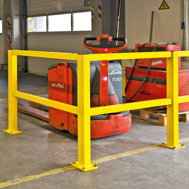 BLACK BULL magazijn railing S-LINE – veiligheidsrailing – geel gecoat – binnen & buiten