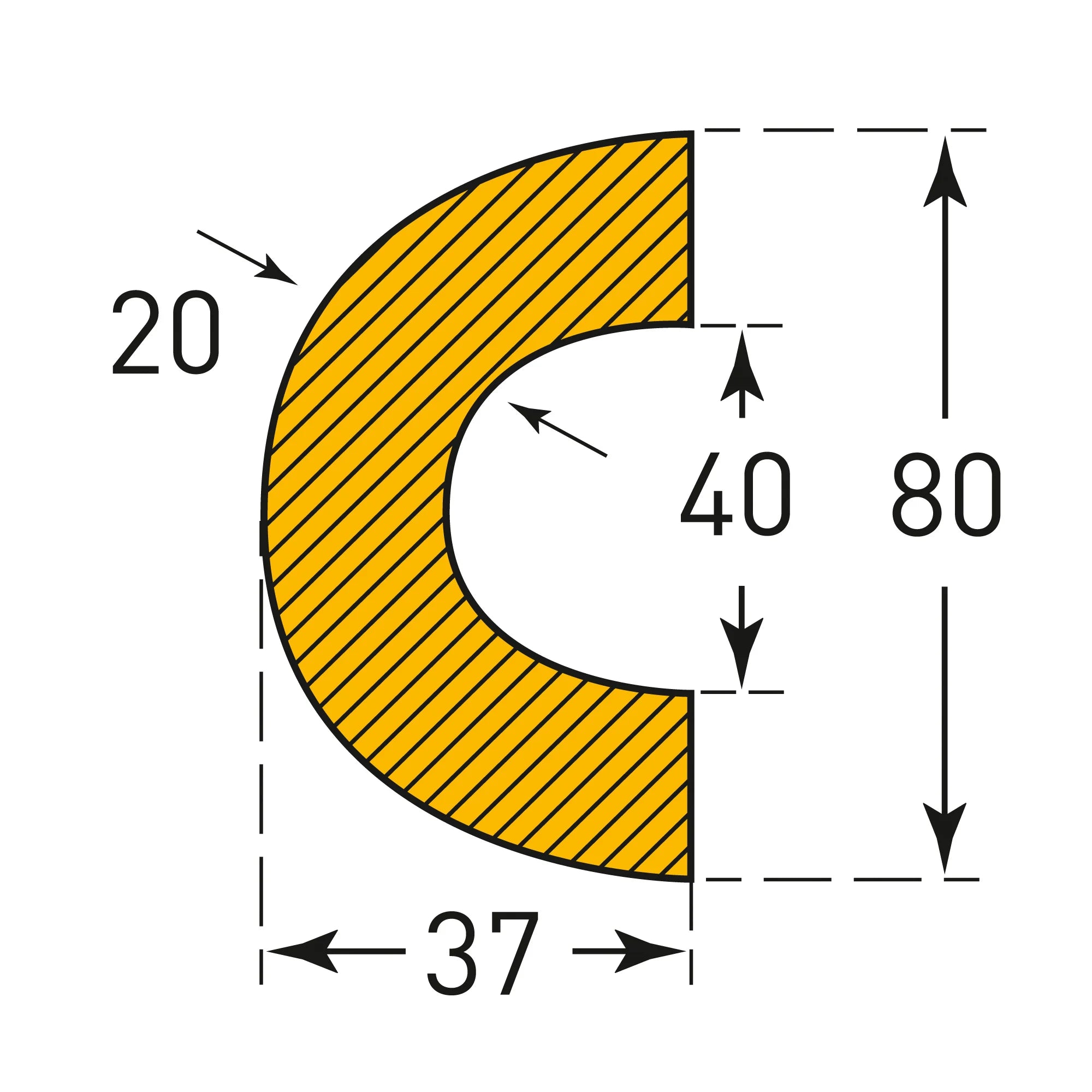 Stootrand 40mm buis 180 graden – stootbescherming – magnetisch – 1 meter – geel / zwart