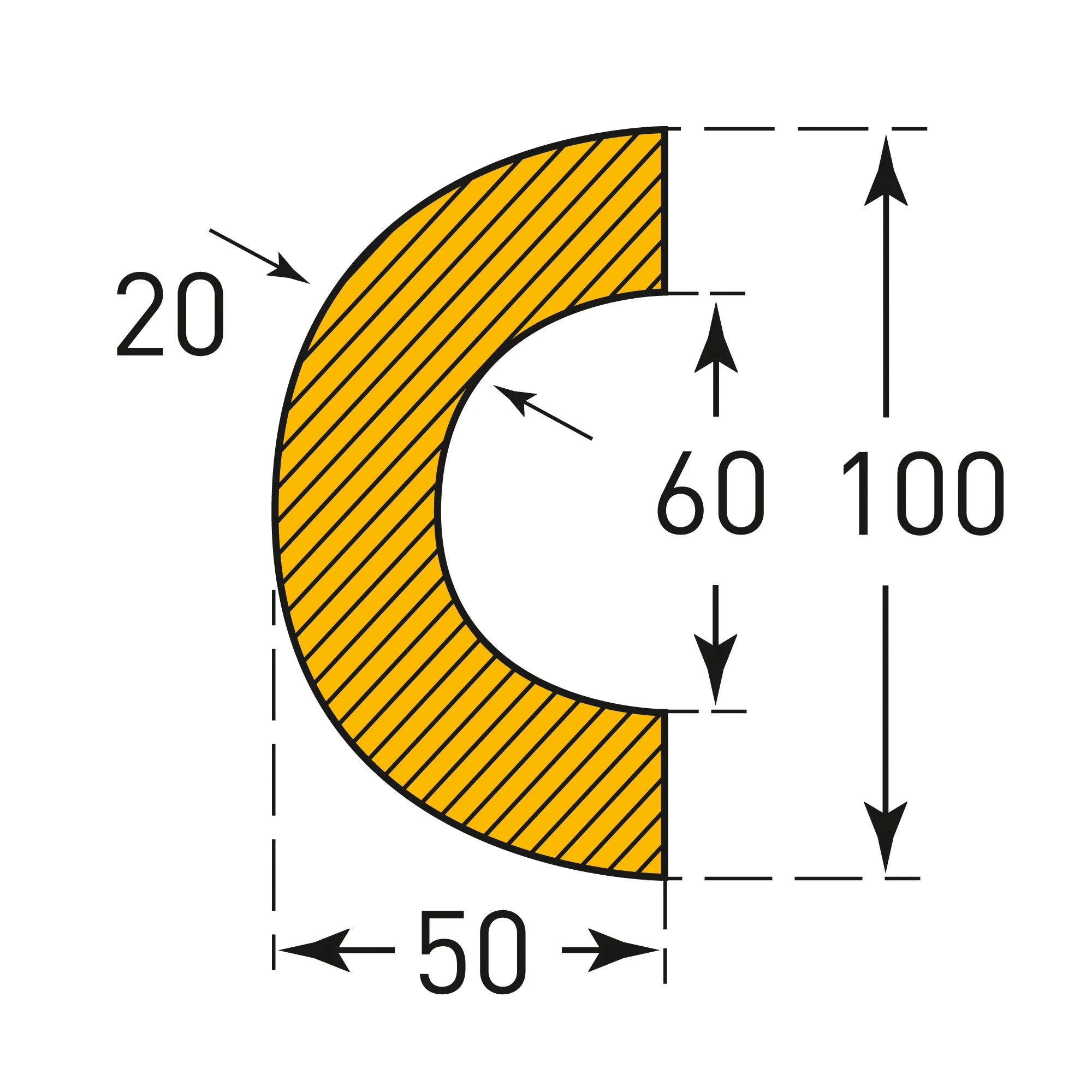 Stootrand 60 mm buis 180 graden – stootbescherming – zelfklevend – 1 meter – geel / zwart
