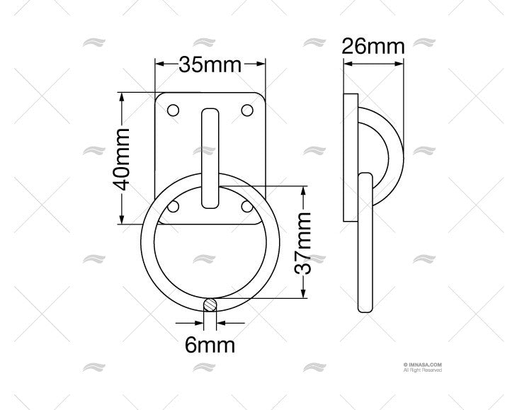 RVS steigeroog met ring - afmeerring - RVS A2-AISI 304 - vierkante grondplaat