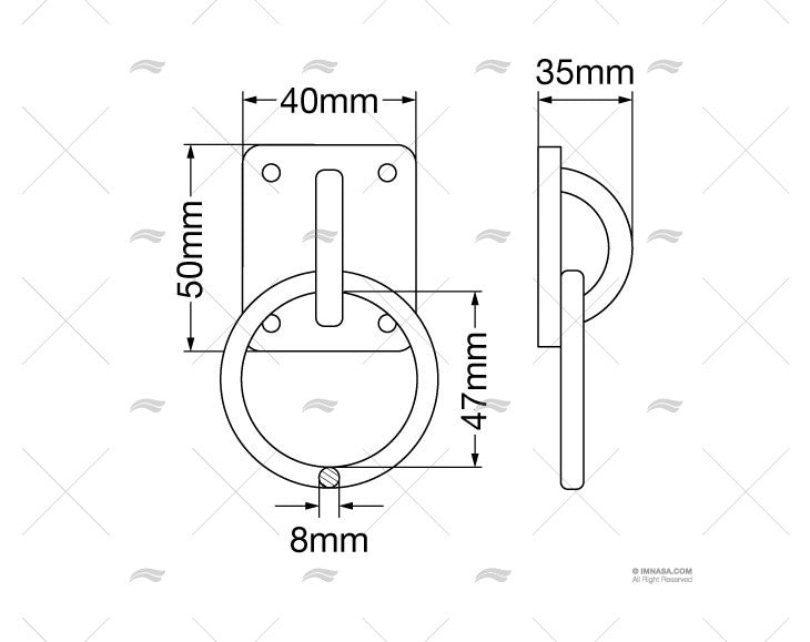 RVS steigeroog met ring - afmeerring - RVS A2-AISI 304 - vierkante grondplaat